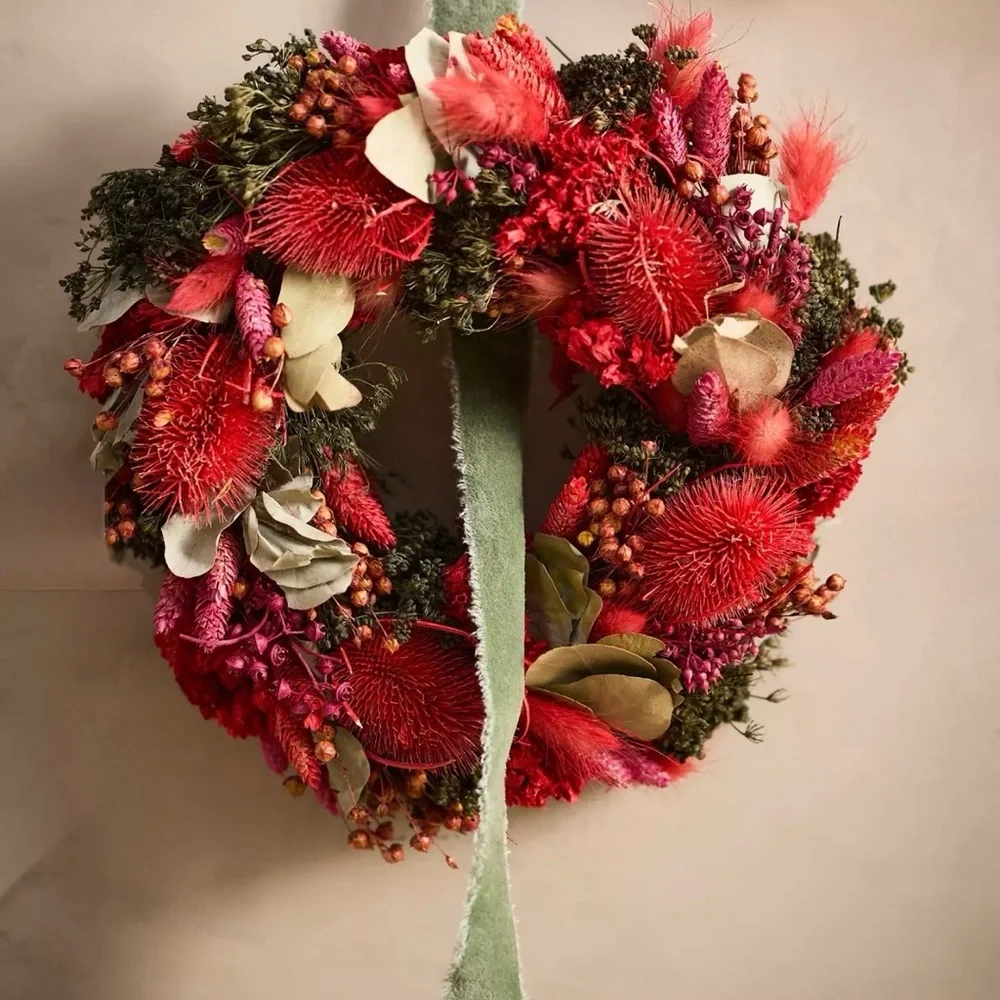 NEW Anthropologie Red Velvet Dried Wreath